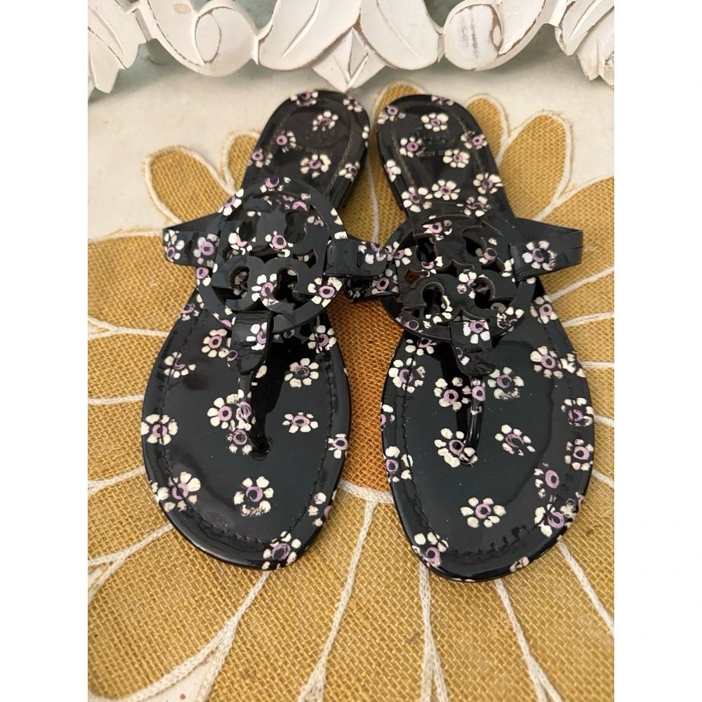 Tory Burch MILLER SANDALS Black Stamped Floral Patent Leather Sandal 9 Worn Once
